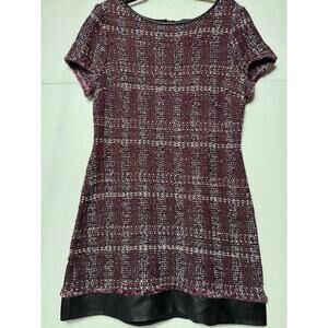 St. John plaid tweed fringe raw edge in burgundy with leather trim Size 16